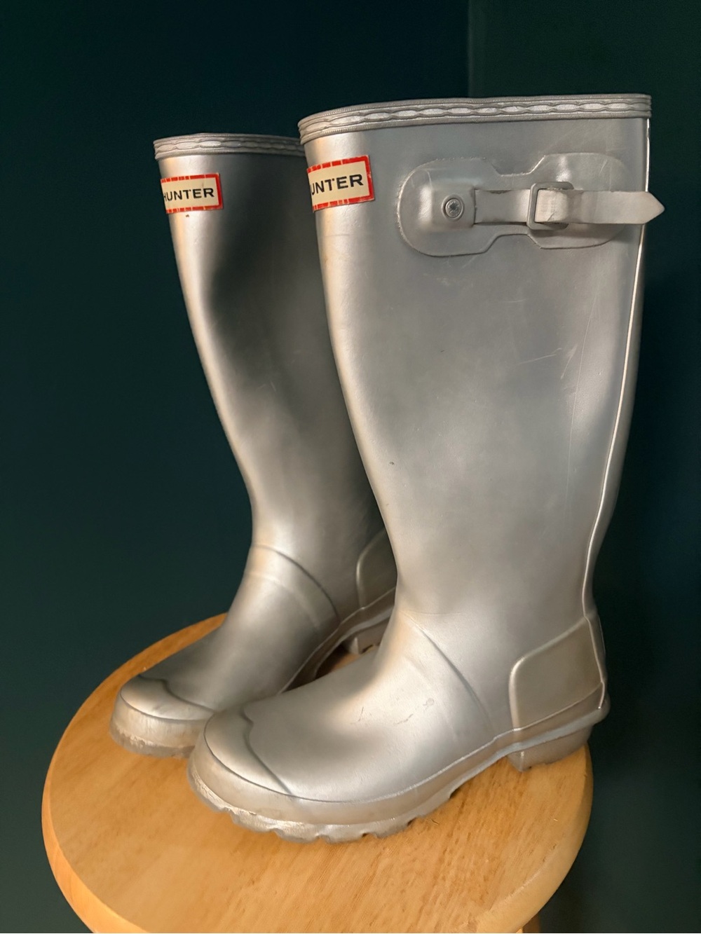Hunter Silver Gloss Tall Rain Boots with Side Buckle